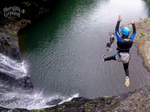 Waterfall jumping in Mauritius