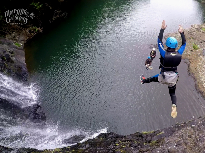 Waterfall jumping in Mauritius